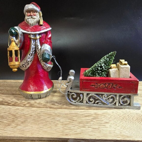 Pam Schifferl Other - NWT Pam Schifferl Handcrafted Santa Figurine With Lantern & Sleigh Red/Gold
